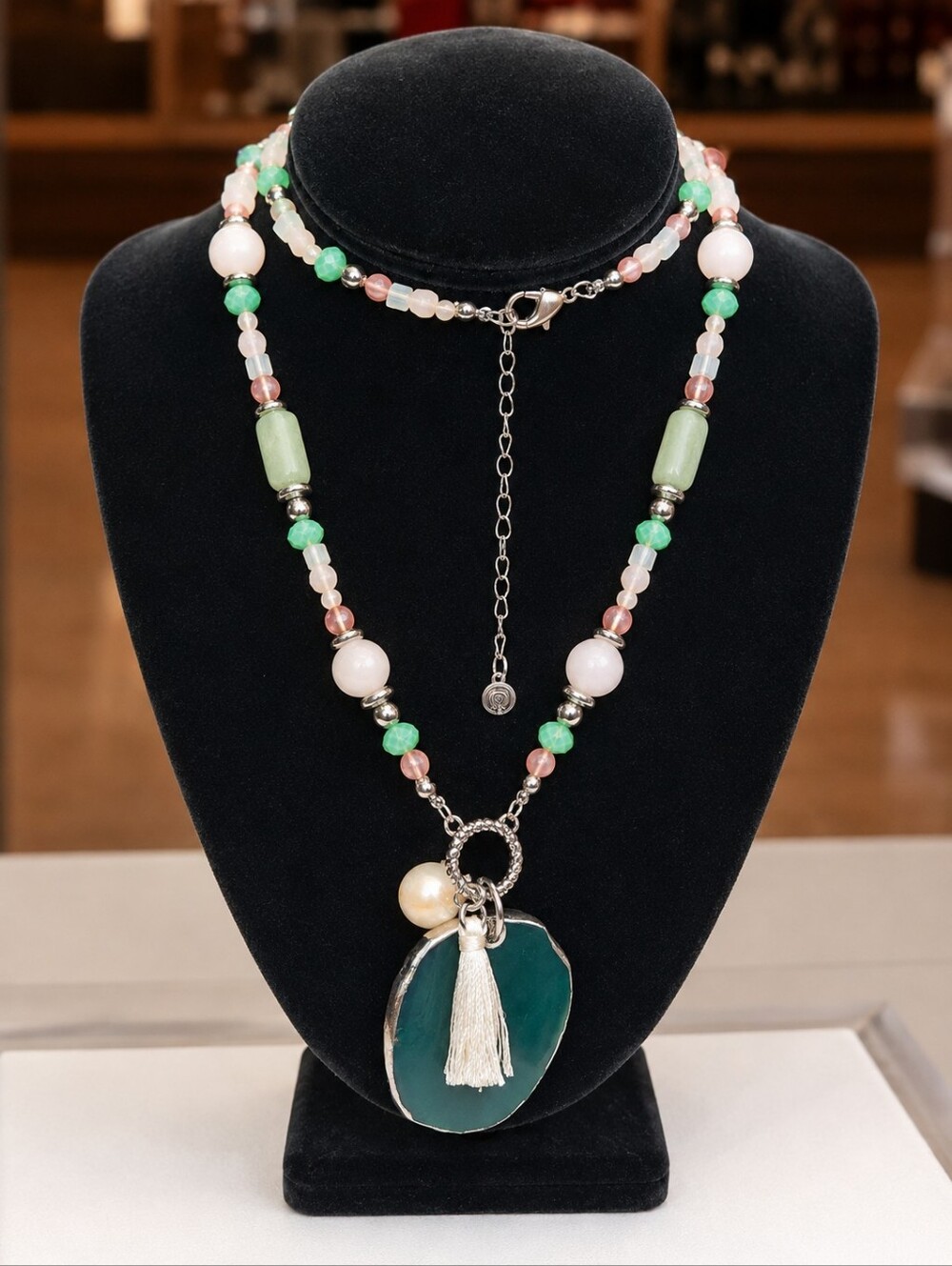 Boho Beaded Tassel Necklace Green Agate Slice Pendant Pearl Charm Adjustable